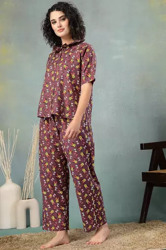 Brown printed cotton peter pan collar co-ord night suit for women