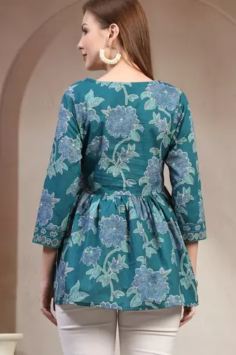 Teal floral printed cotton flared top for women