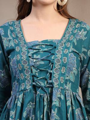Teal floral printed cotton flared top for women 5
