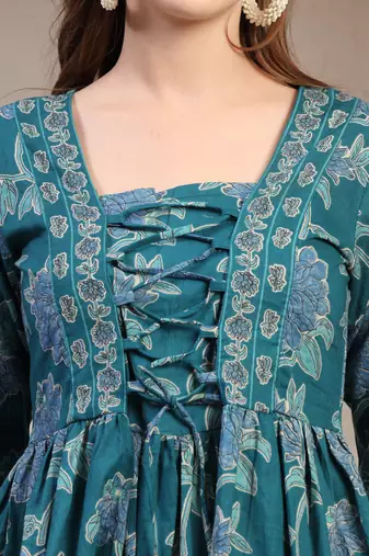 Teal floral printed cotton flared top for women