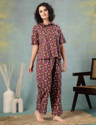 Brown printed cotton peter pan collar co-ord night suit for women 3