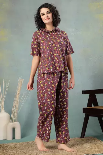 Brown printed cotton peter pan collar co-ord night suit for women