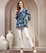 Sky-blue floral printed cotton flared top for women