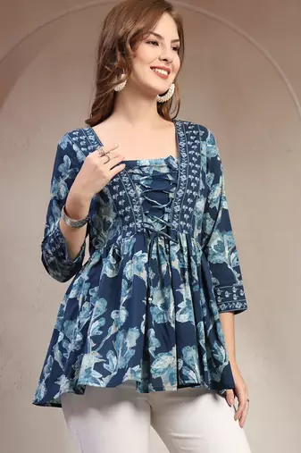 Sky-blue floral printed cotton flared top for women