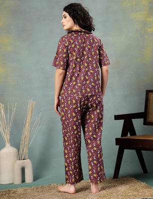 Brown printed cotton peter pan collar co-ord night suit for women 4