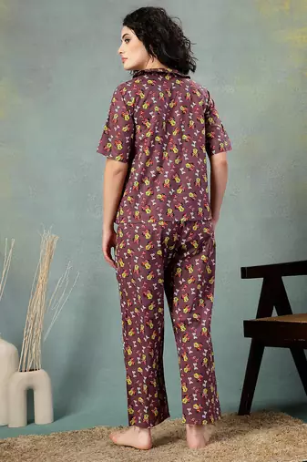 Brown printed cotton peter pan collar co-ord night suit for women
