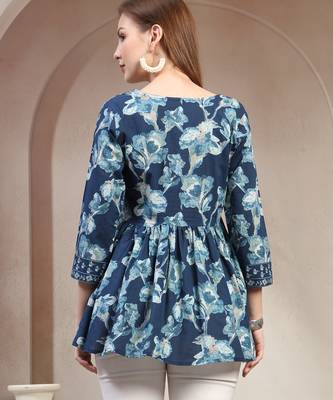 Sky-blue floral printed cotton flared top for women 4