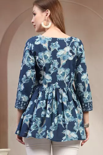 Sky-blue floral printed cotton flared top for women