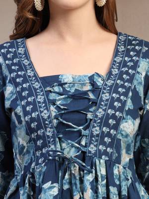 Sky-blue floral printed cotton flared top for women 5