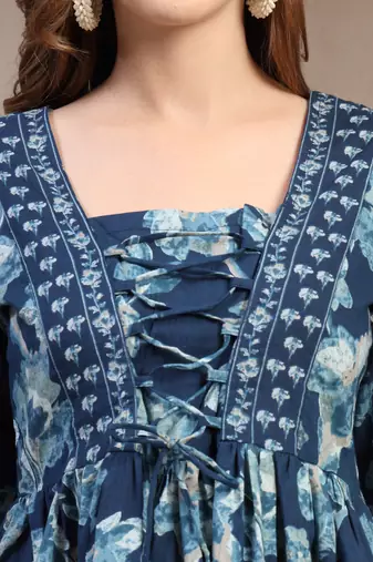 Sky-blue floral printed cotton flared top for women