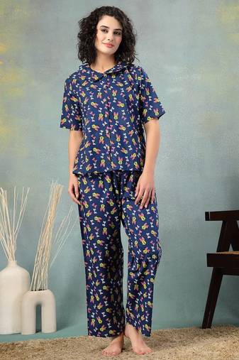 Blue printed cotton peter pan collar co-ord night suit for women