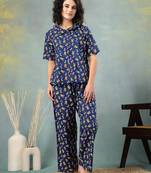Blue printed cotton peter pan collar co-ord night suit for women