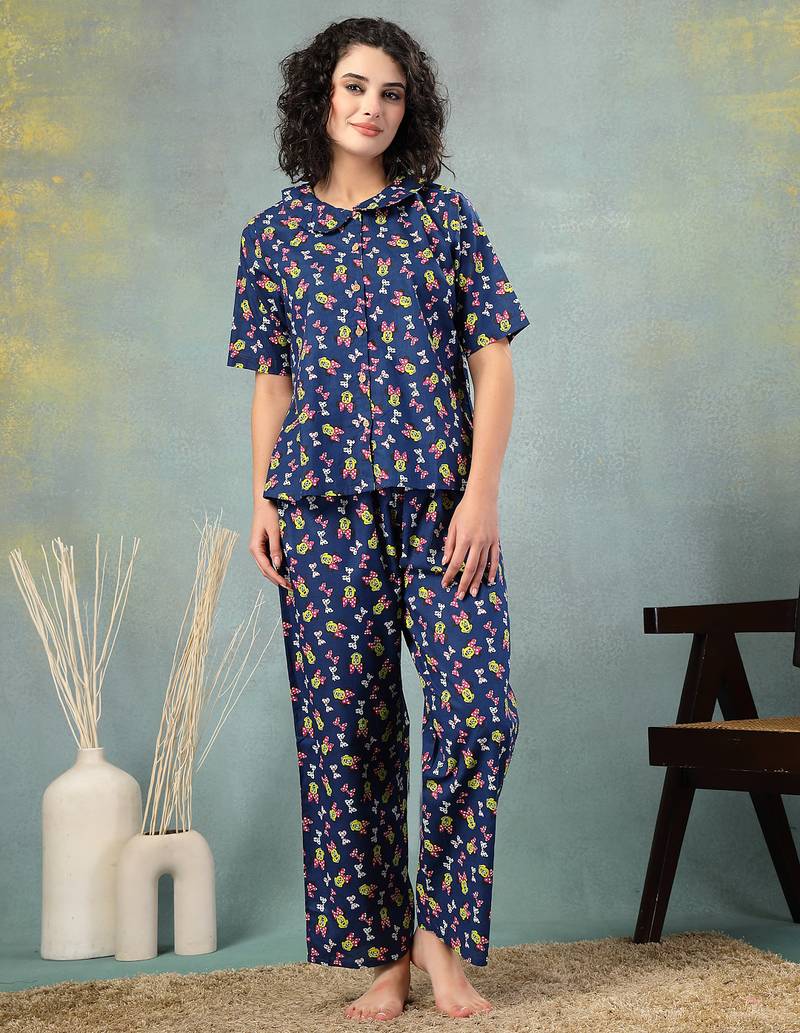 Blue printed cotton peter pan collar co-ord night suit for women