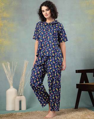 Blue printed cotton peter pan collar co-ord night suit for women 2