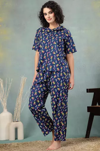 Blue printed cotton peter pan collar co-ord night suit for women