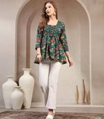 Green floral printed cotton flared top for women