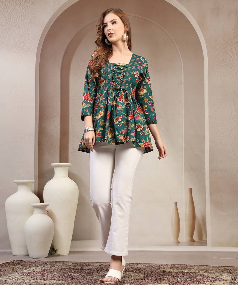 Green floral printed cotton flared top for women