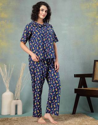Blue printed cotton peter pan collar co-ord night suit for women 3
