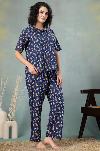 Blue printed cotton peter pan collar co-ord night suit for women