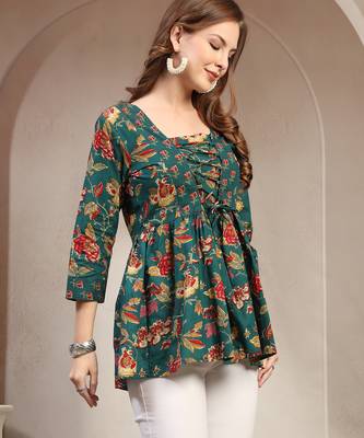 Green floral printed cotton flared top for women 2