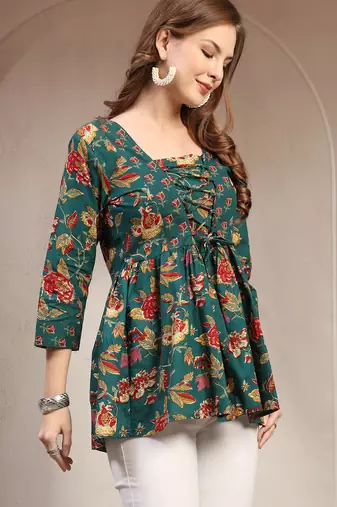 Green floral printed cotton flared top for women