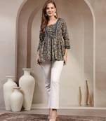 Blue floral printed cotton flared top for women