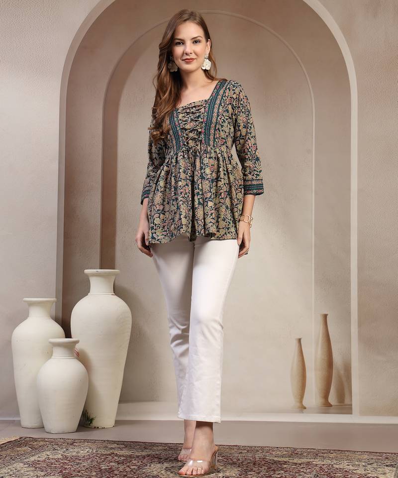 Blue floral printed cotton flared top for women