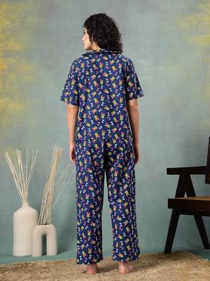 Blue printed cotton peter pan collar co-ord night suit for women 4