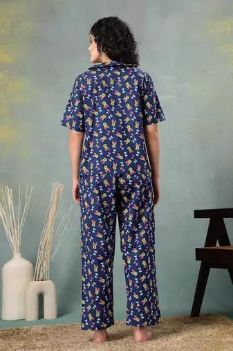 Blue printed cotton peter pan collar co-ord night suit for women