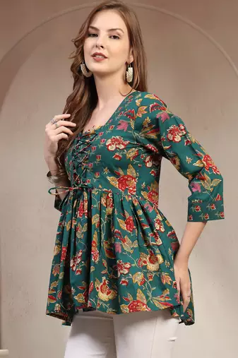 Green floral printed cotton flared top for women
