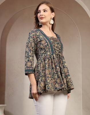 Blue floral printed cotton flared top for women 2