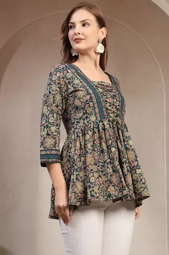 Blue floral printed cotton flared top for women