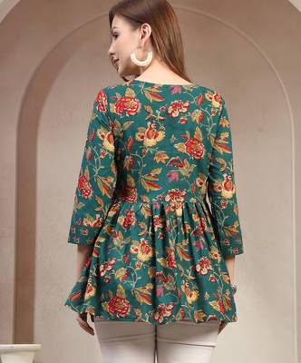 Green floral printed cotton flared top for women 4