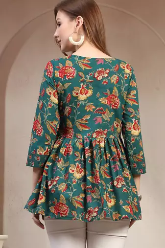 Green floral printed cotton flared top for women