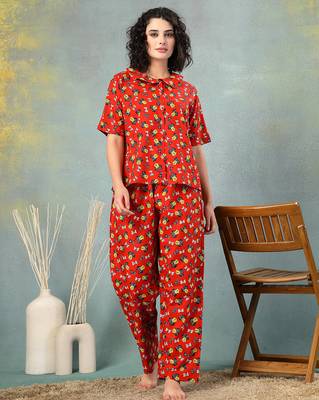 Red printed cotton peter pan collar co-ord night suit for women 1
