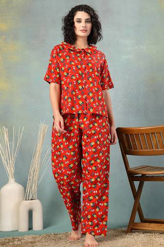 Red printed cotton peter pan collar co-ord night suit for women