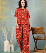 Red printed cotton peter pan collar co-ord night suit for women