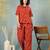 Red printed cotton peter pan collar co-ord night suit for women