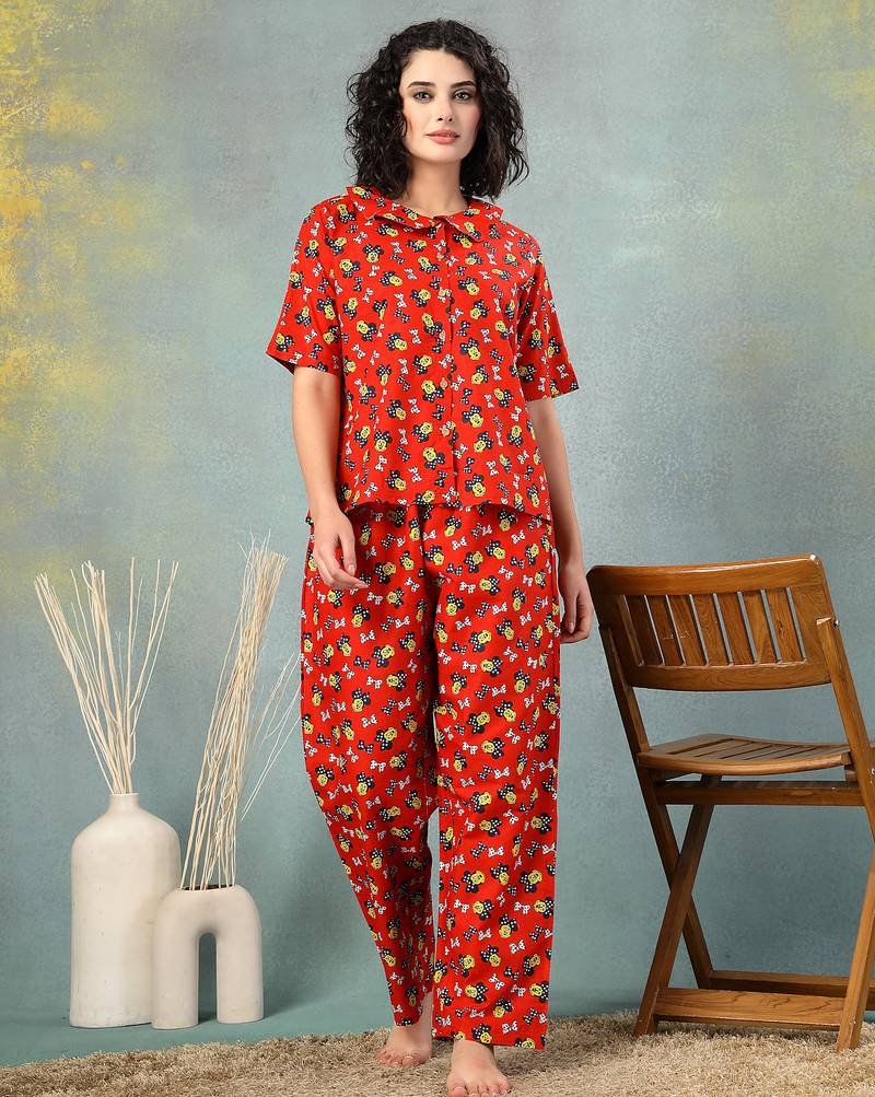 Red printed cotton peter pan collar co-ord night suit for women