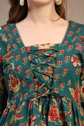 Green floral printed cotton flared top for women