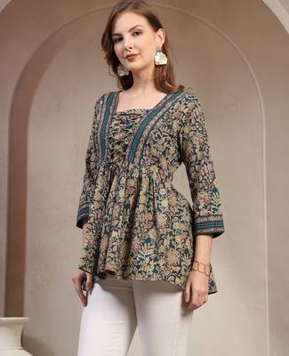 Blue floral printed cotton flared top for women 3