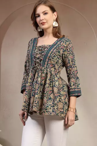 Blue floral printed cotton flared top for women