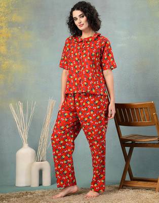 Red printed cotton peter pan collar co-ord night suit for women 2