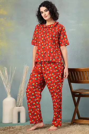 Red printed cotton peter pan collar co-ord night suit for women