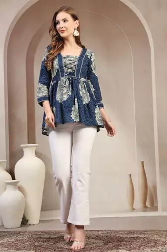 Blue floral printed cotton flared top for women