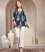 Blue floral printed cotton flared top for women