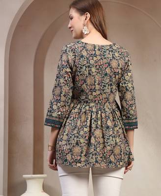 Blue floral printed cotton flared top for women 4