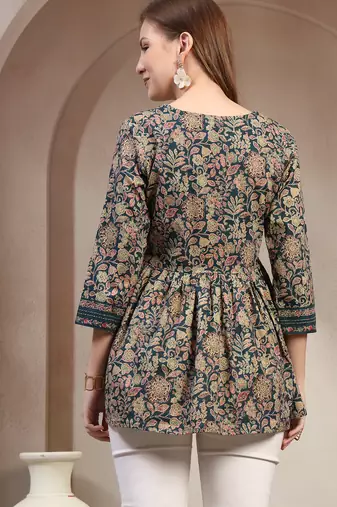Blue floral printed cotton flared top for women