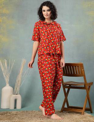 Red printed cotton peter pan collar co-ord night suit for women 3