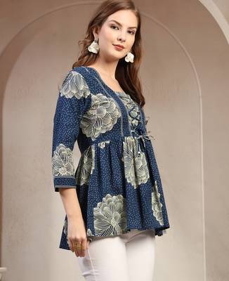 Blue floral printed cotton flared top for women 2